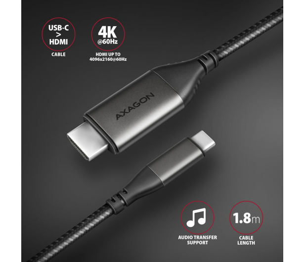 AXAGON RVC-HI2MC, USB-C - HDMI 2.0a kabel 1.8m, 4K/60Hz HDR10 - 1353447 - zdjęcie 4